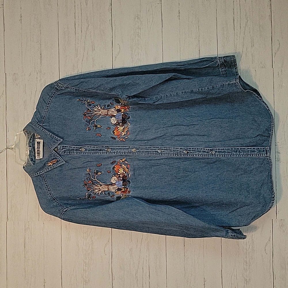 Vintage | Lauren Brooke Fall Embroidered Denim Top | Large